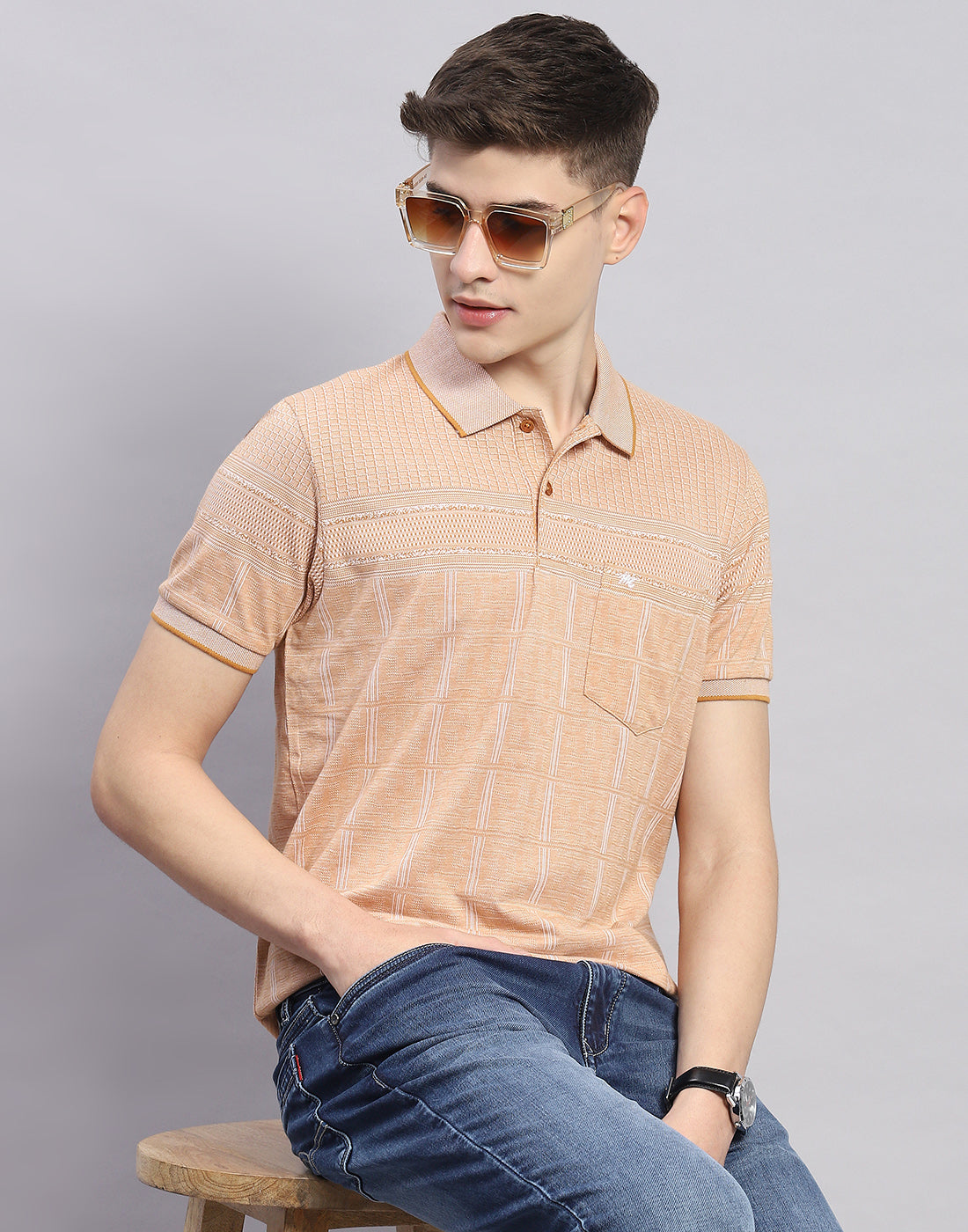 Men Beige Stripe Polo Collar Half Sleeve T-Shirt
