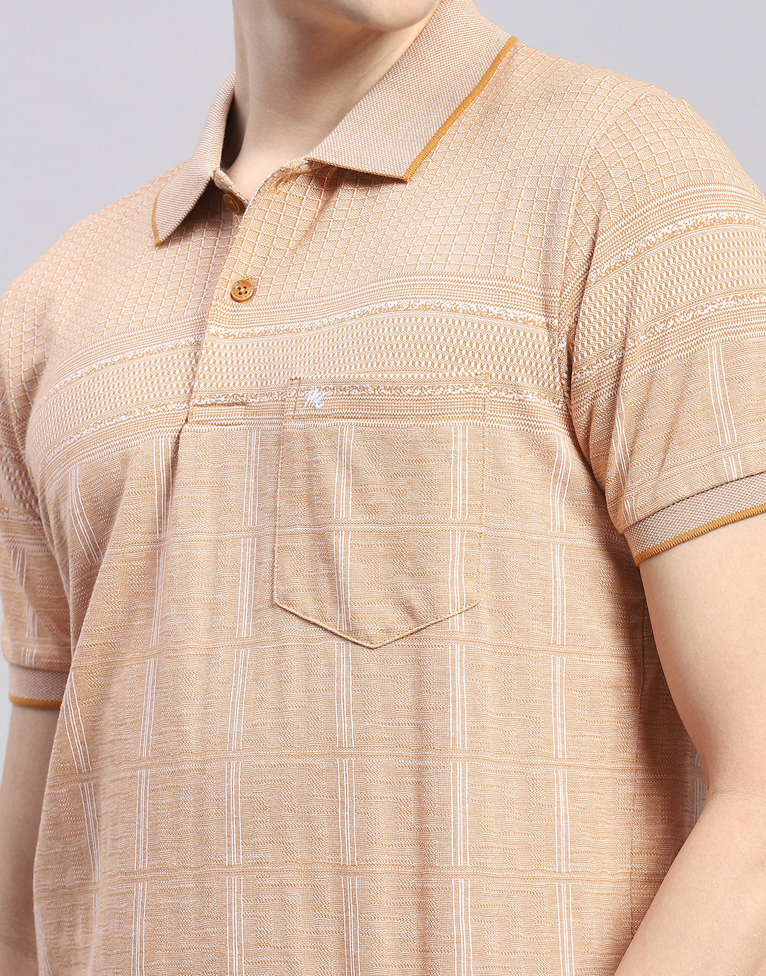 Men Beige Stripe Polo Collar Half Sleeve T-Shirt