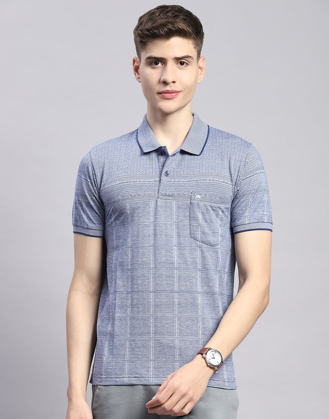 Men Blue Stripe Polo Collar Half Sleeve T-Shirt