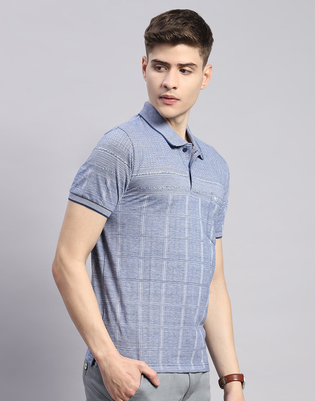 Men Blue Stripe Polo Collar Half Sleeve T-Shirt