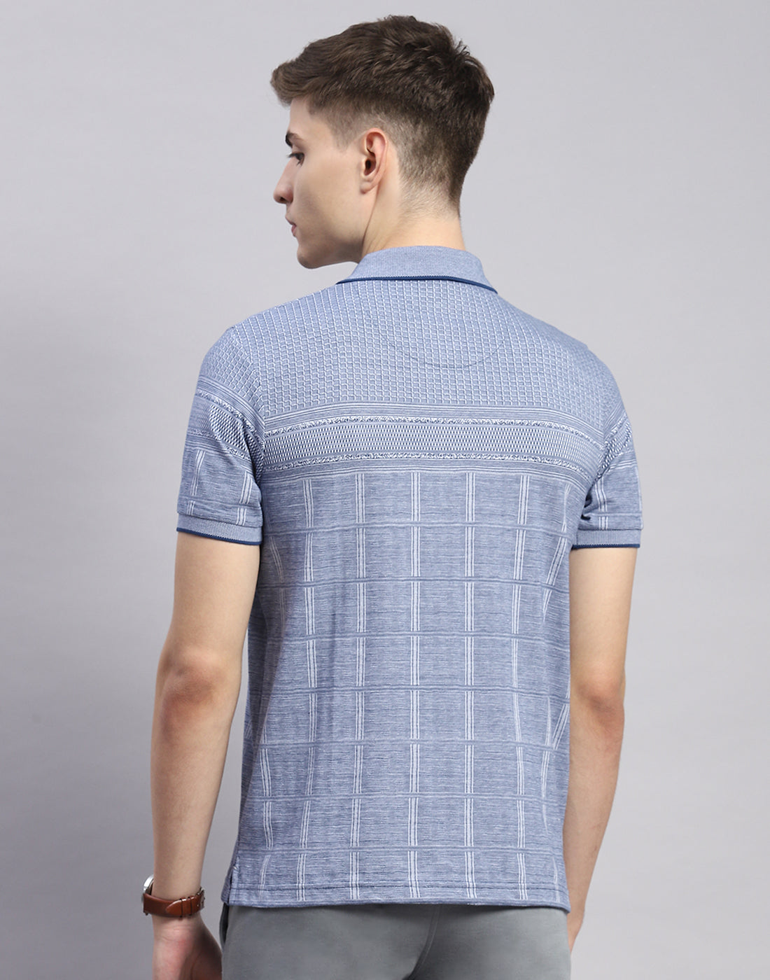 Men Blue Stripe Polo Collar Half Sleeve T-Shirt