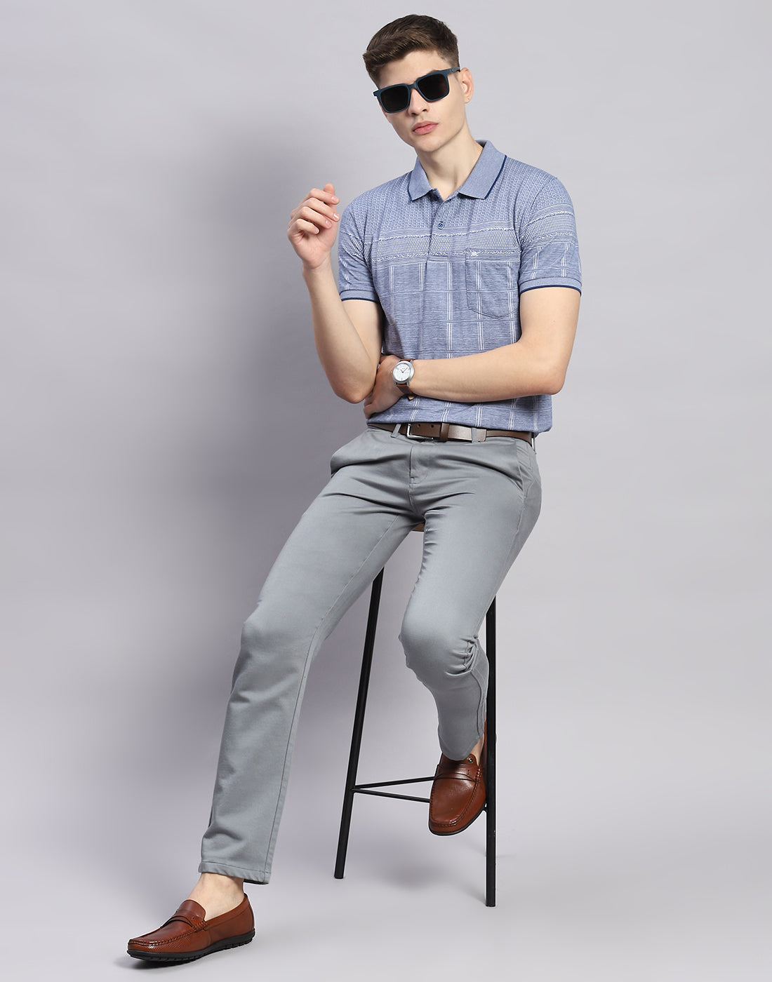 Men Blue Stripe Polo Collar Half Sleeve T-Shirt