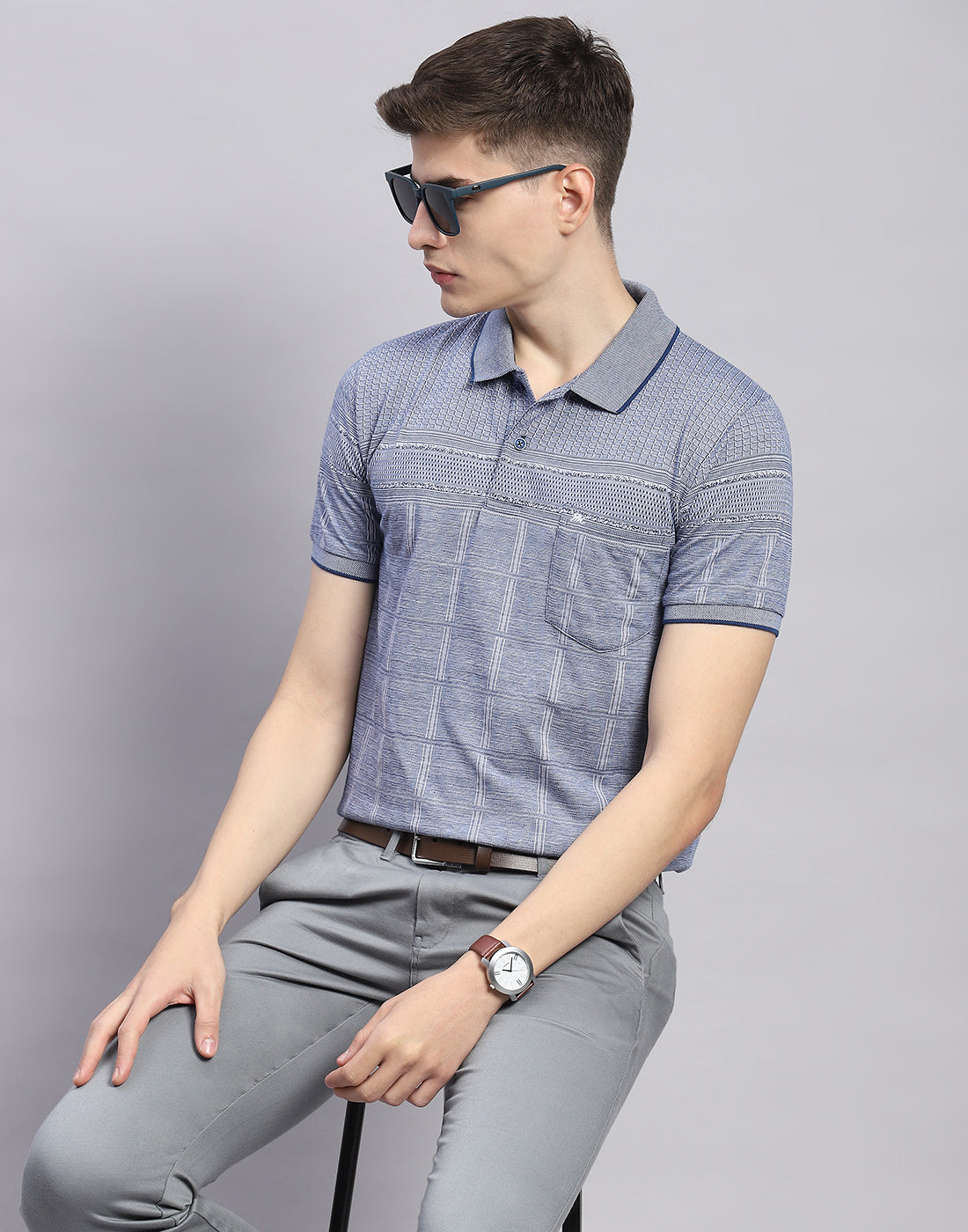 Men Blue Stripe Polo Collar Half Sleeve T-Shirt