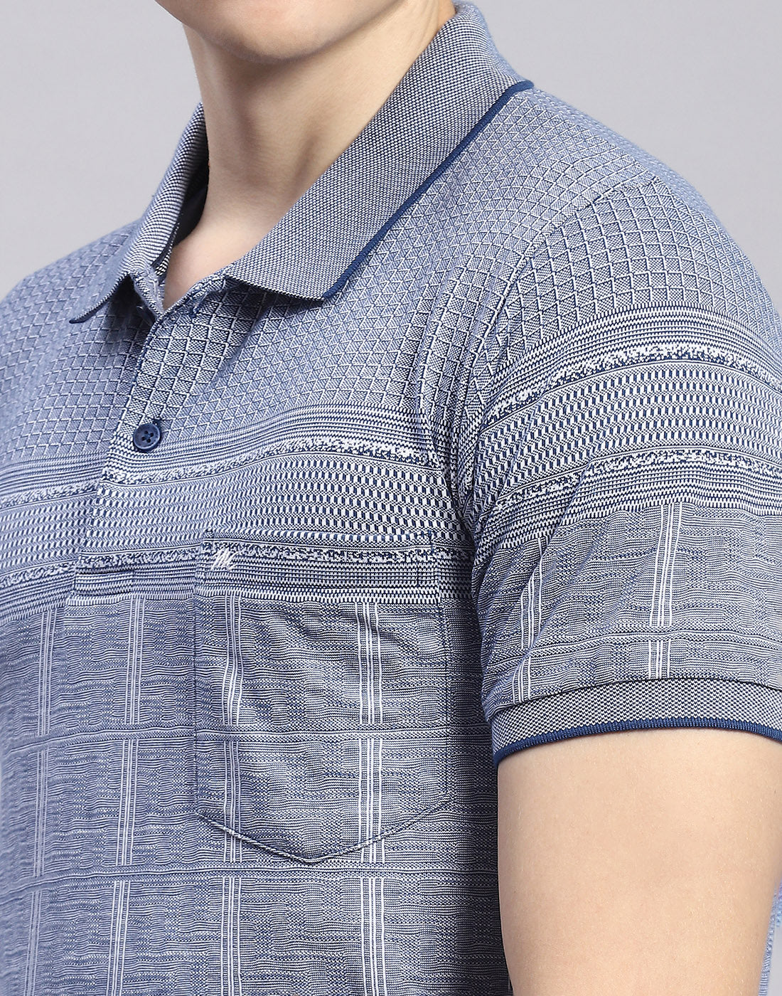 Men Blue Stripe Polo Collar Half Sleeve T-Shirt