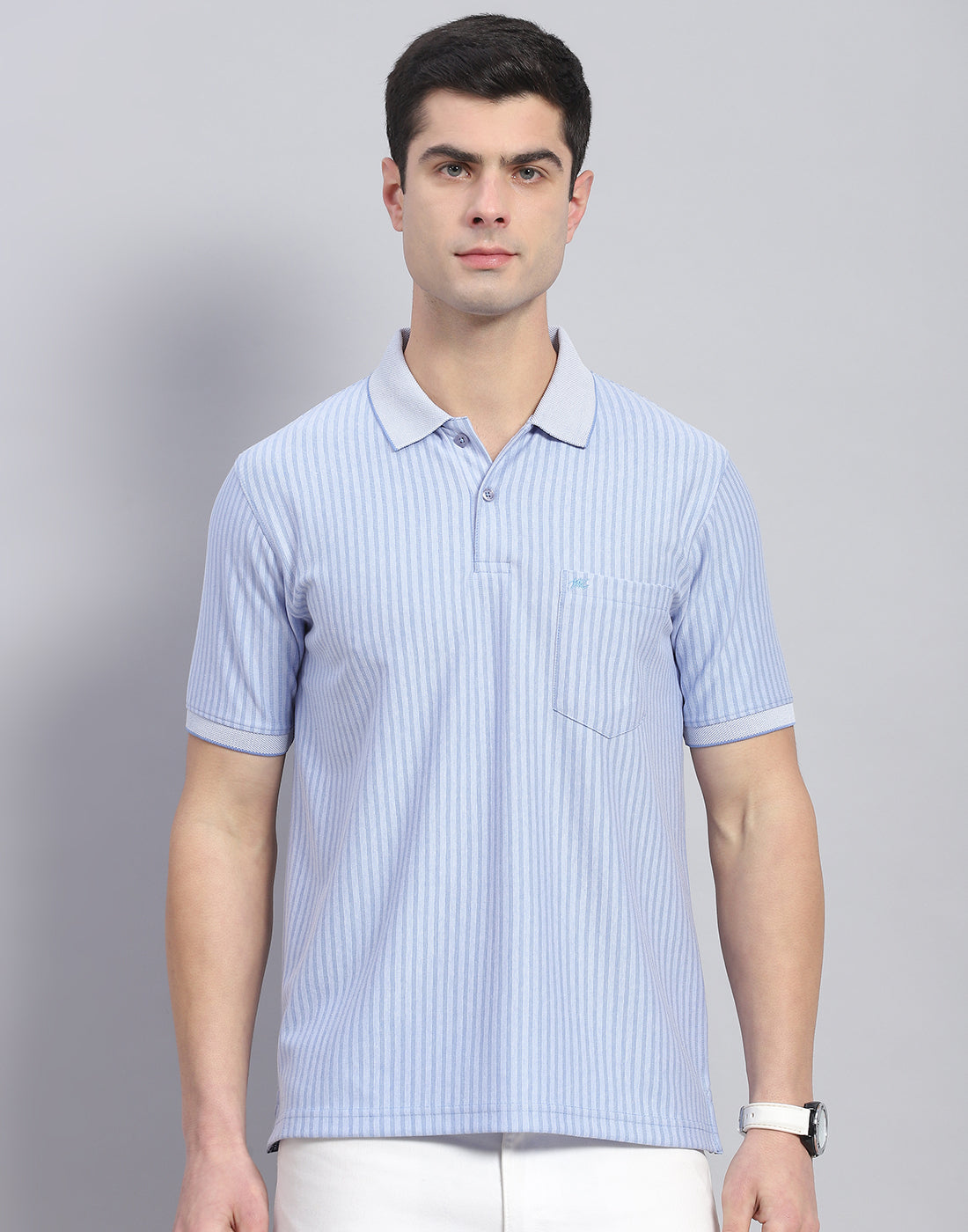 Men Blue Stripe Polo Collar Half Sleeve T-Shirt