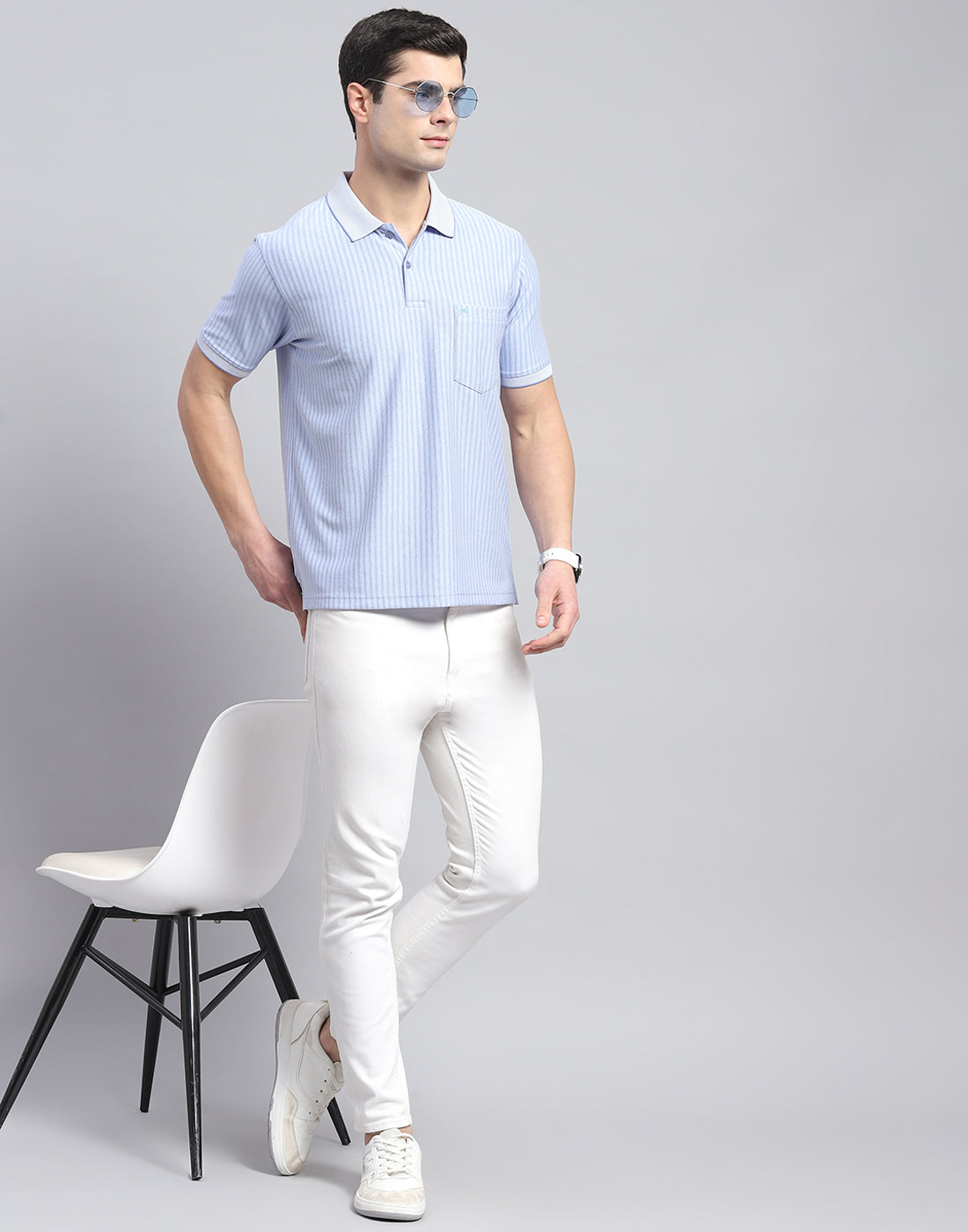 Men Blue Stripe Polo Collar Half Sleeve T-Shirt