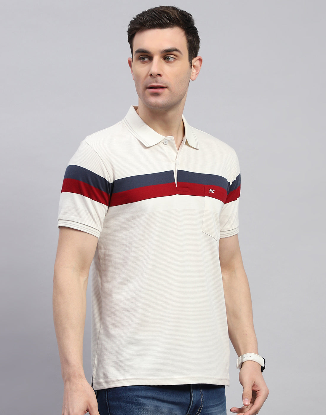 Men Cream Stripe Polo Collar Half Sleeve T-Shirt