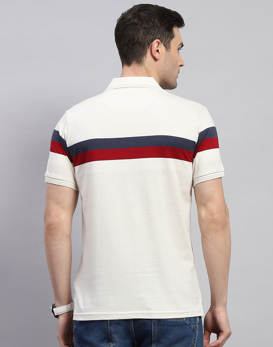 Men Cream Stripe Polo Collar Half Sleeve T-Shirt
