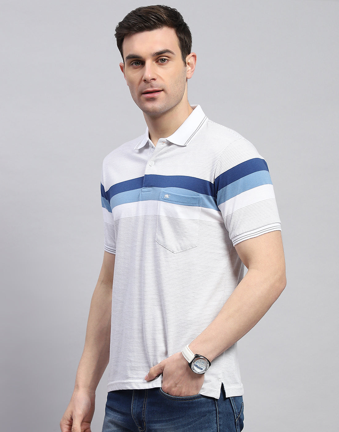 Men Off White Stripe Polo Collar Half Sleeve T-Shirt