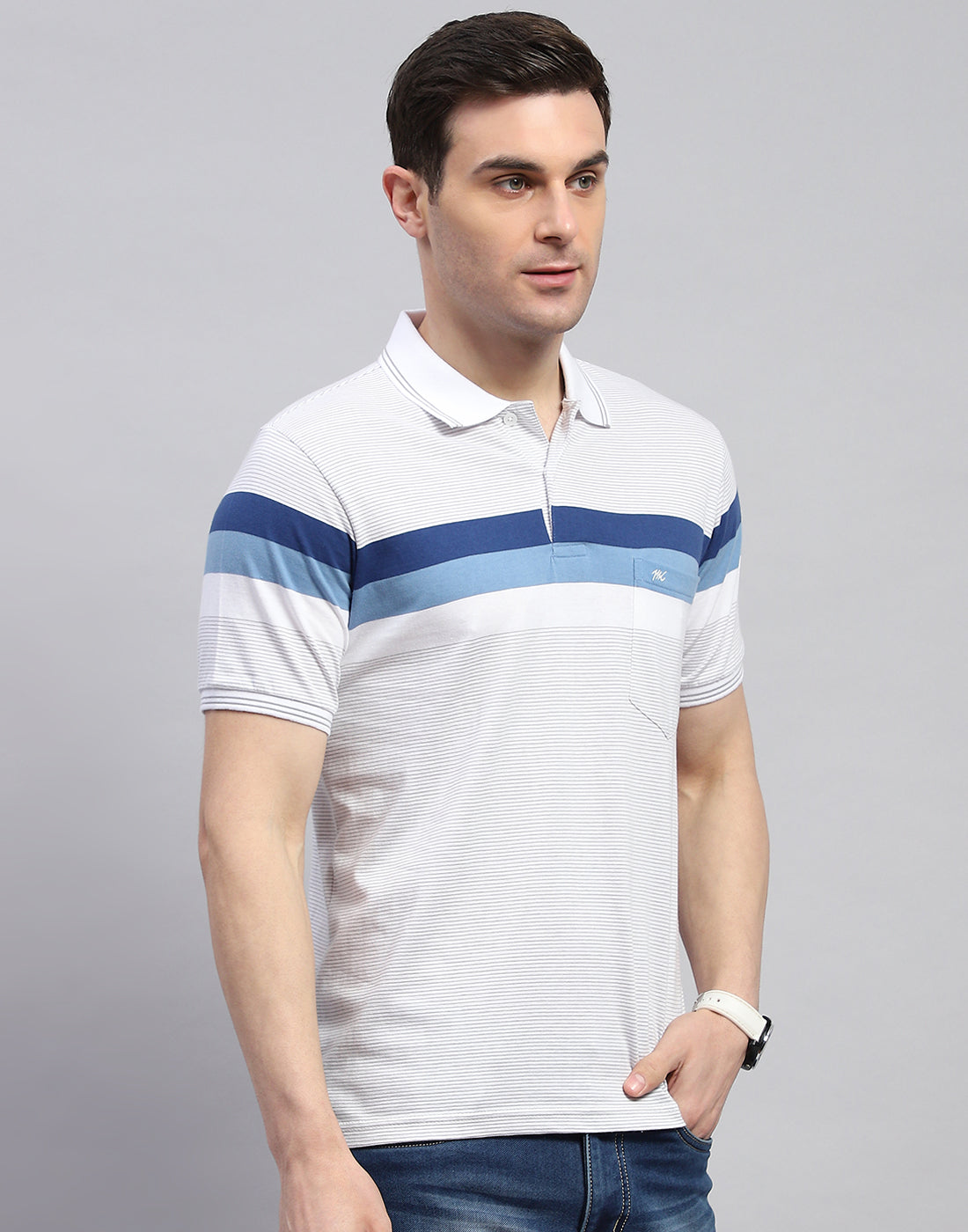 Men Off White Stripe Polo Collar Half Sleeve T-Shirt