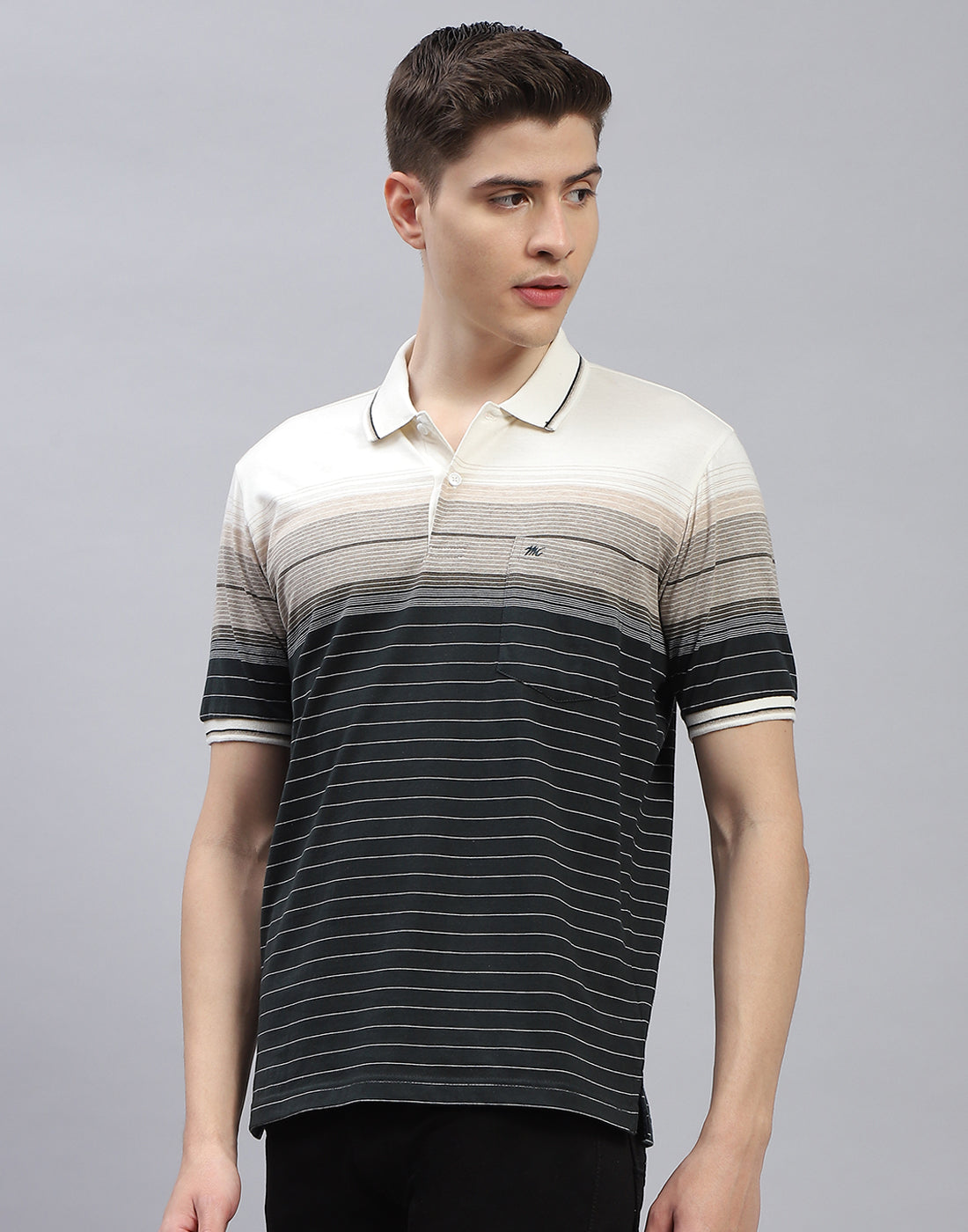 Men Black Stripe Polo Collar Half Sleeve T-Shirt