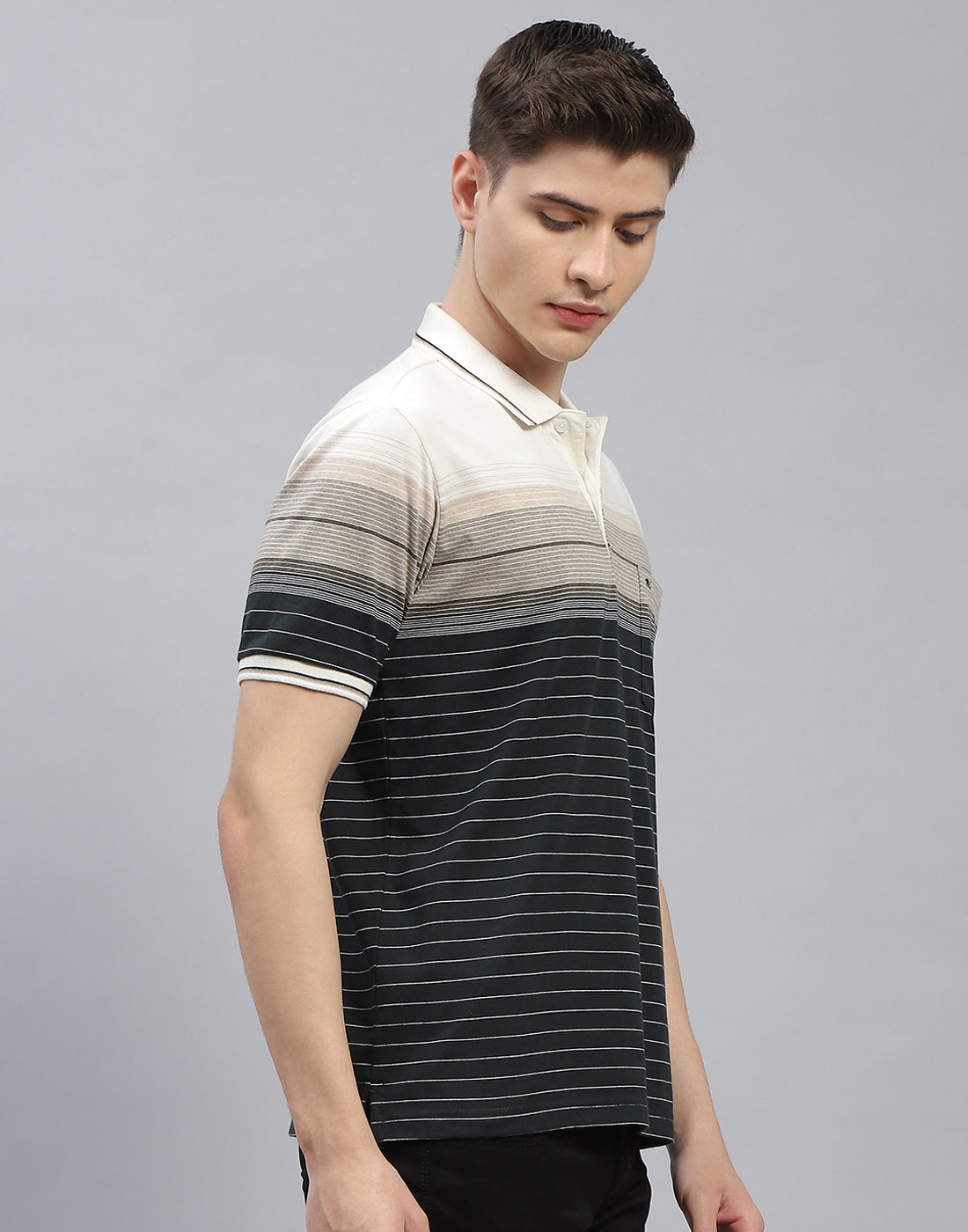 Men Black Stripe Polo Collar Half Sleeve T-Shirt
