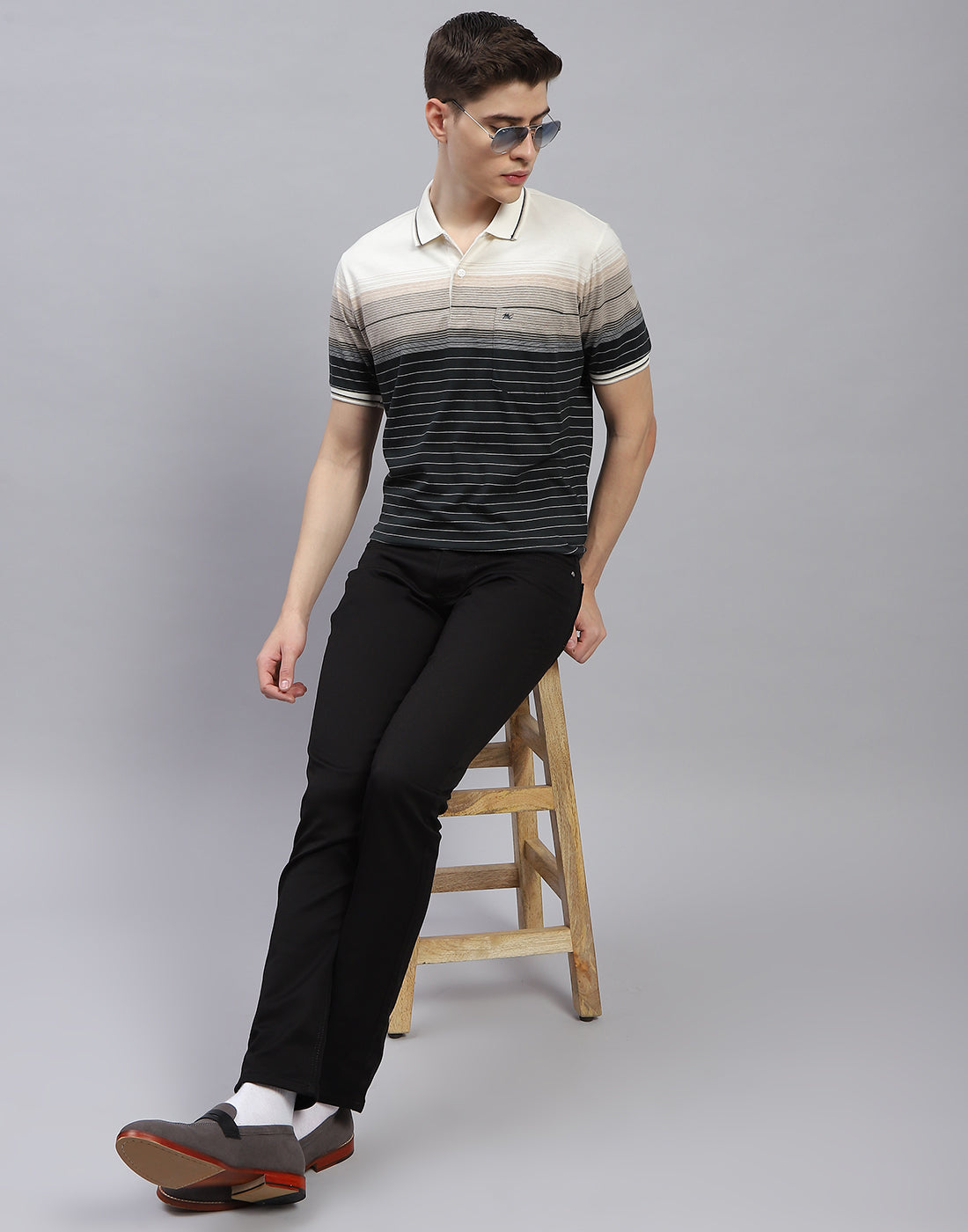 Men Black Stripe Polo Collar Half Sleeve T-Shirt