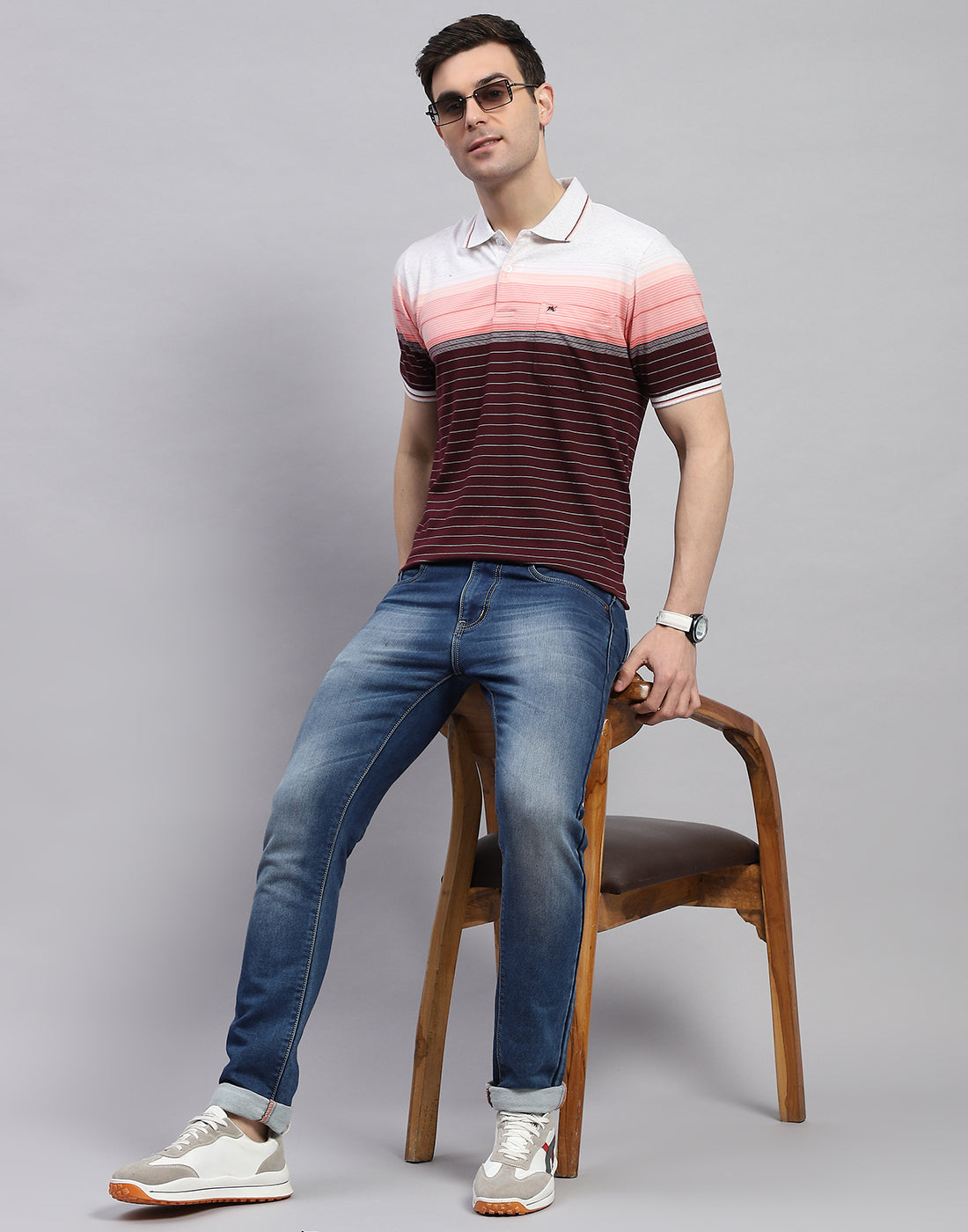 Men Maroon Stripe Polo Collar Half Sleeve T-Shirt