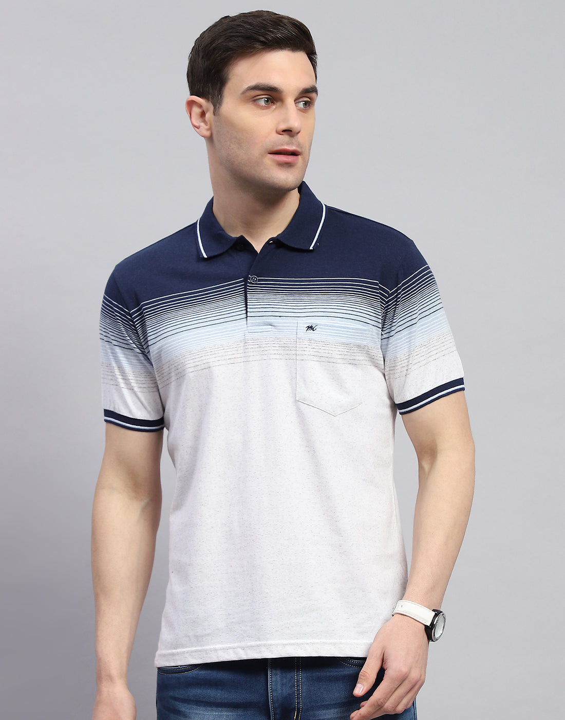 Men Navy Blue Stripe Polo Collar Half Sleeve T-Shirt