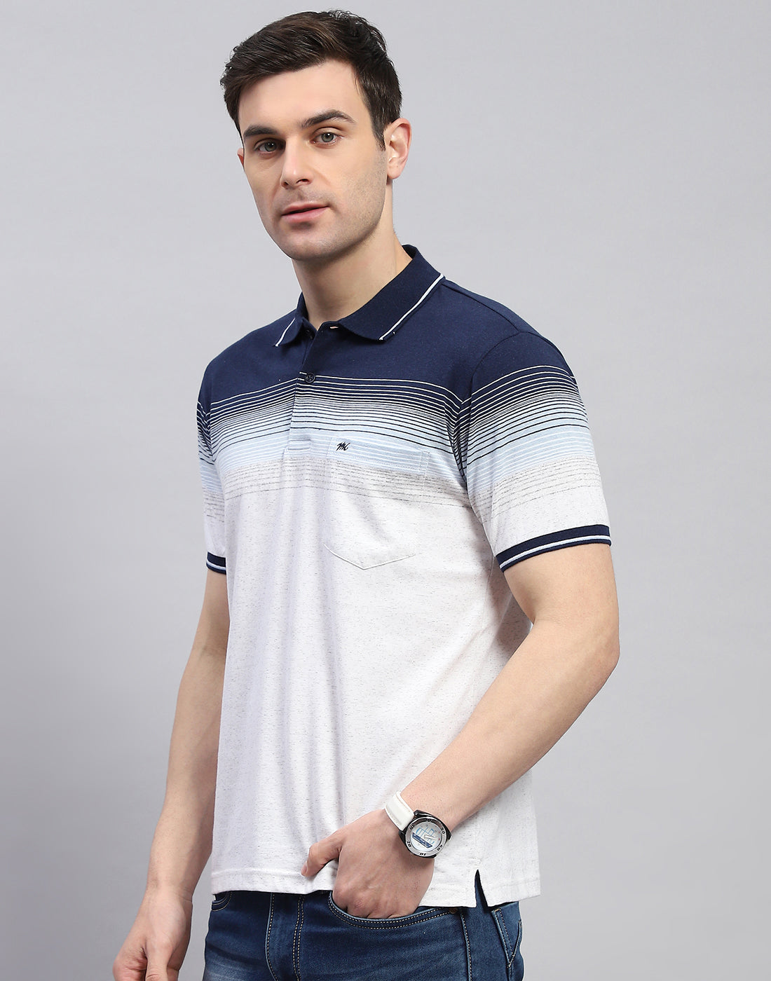 Men Navy Blue Stripe Polo Collar Half Sleeve T-Shirt