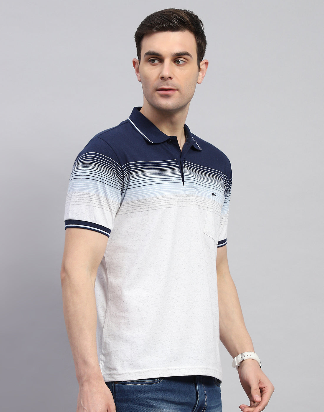 Men Navy Blue Stripe Polo Collar Half Sleeve T-Shirt
