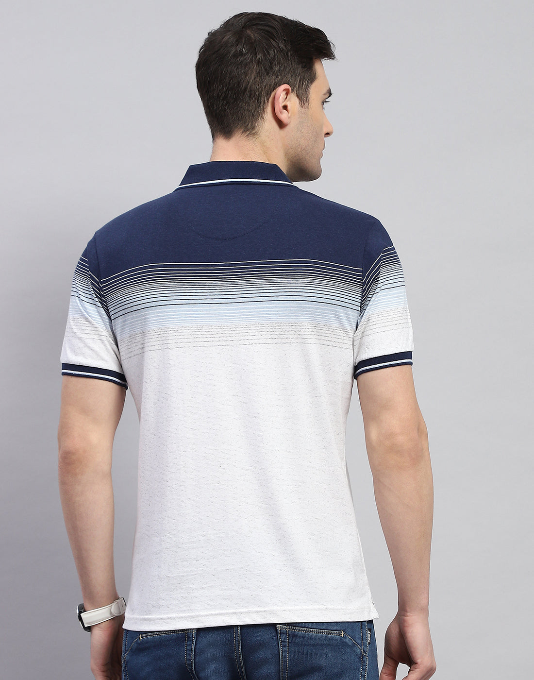 Men Navy Blue Stripe Polo Collar Half Sleeve T-Shirt