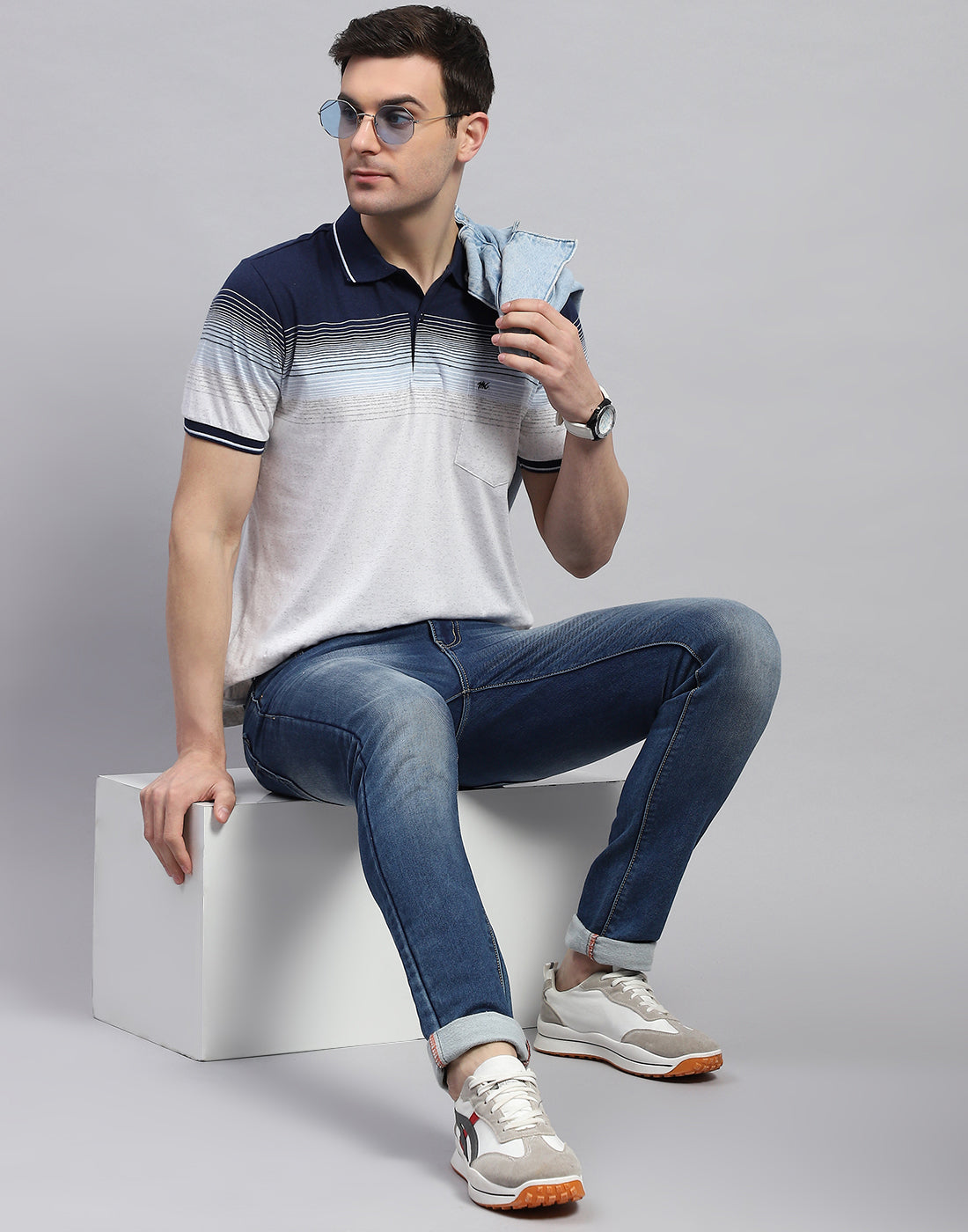 Men Navy Blue Stripe Polo Collar Half Sleeve T-Shirt