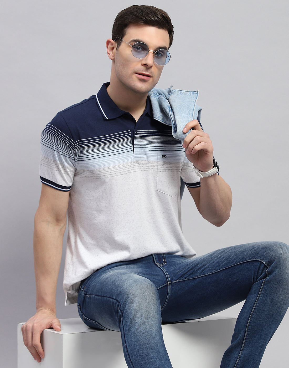 Men Navy Blue Stripe Polo Collar Half Sleeve T-Shirt