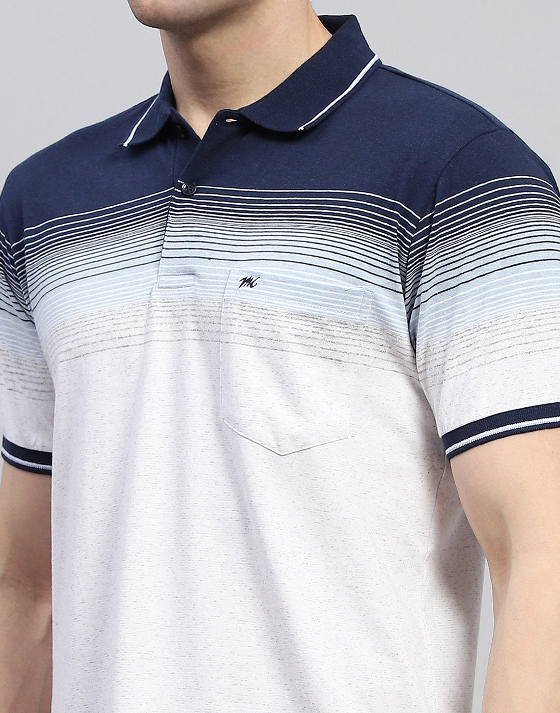 Men Navy Blue Stripe Polo Collar Half Sleeve T-Shirt