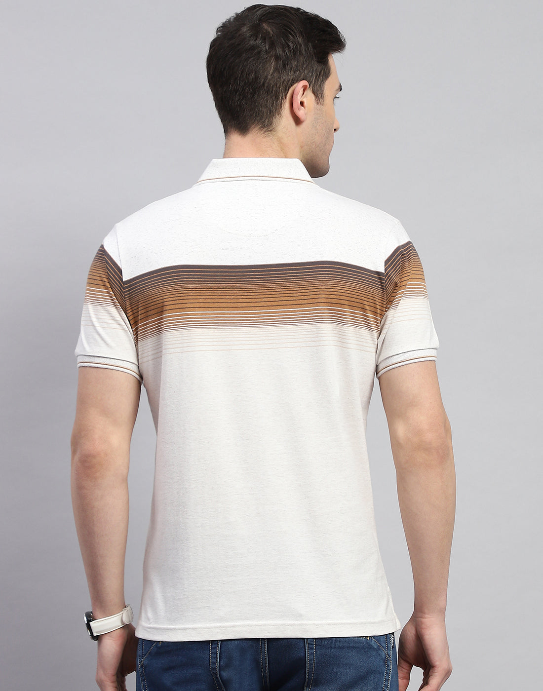 Men Brown Stripe Polo Collar Half Sleeve T-Shirt
