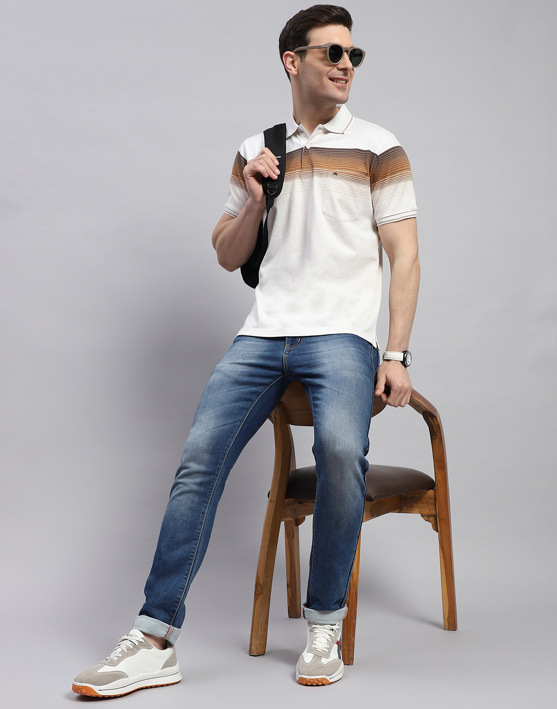 Men Brown Stripe Polo Collar Half Sleeve T-Shirt