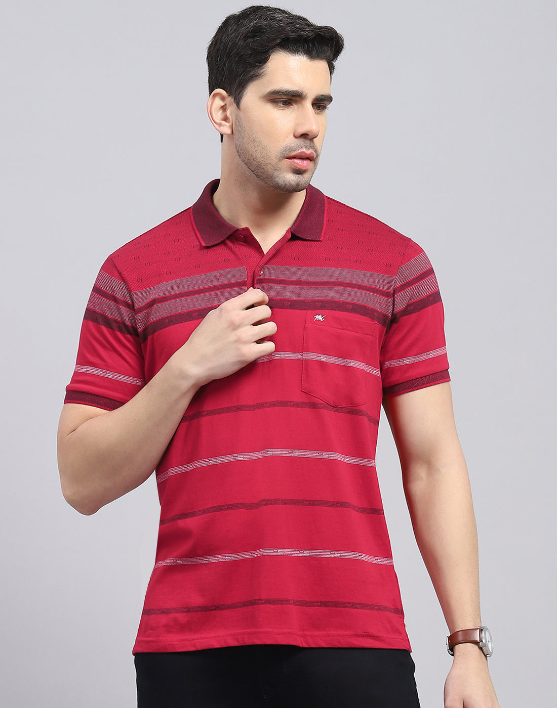 Men Red Stripe Polo Collar Half Sleeve T-Shirt