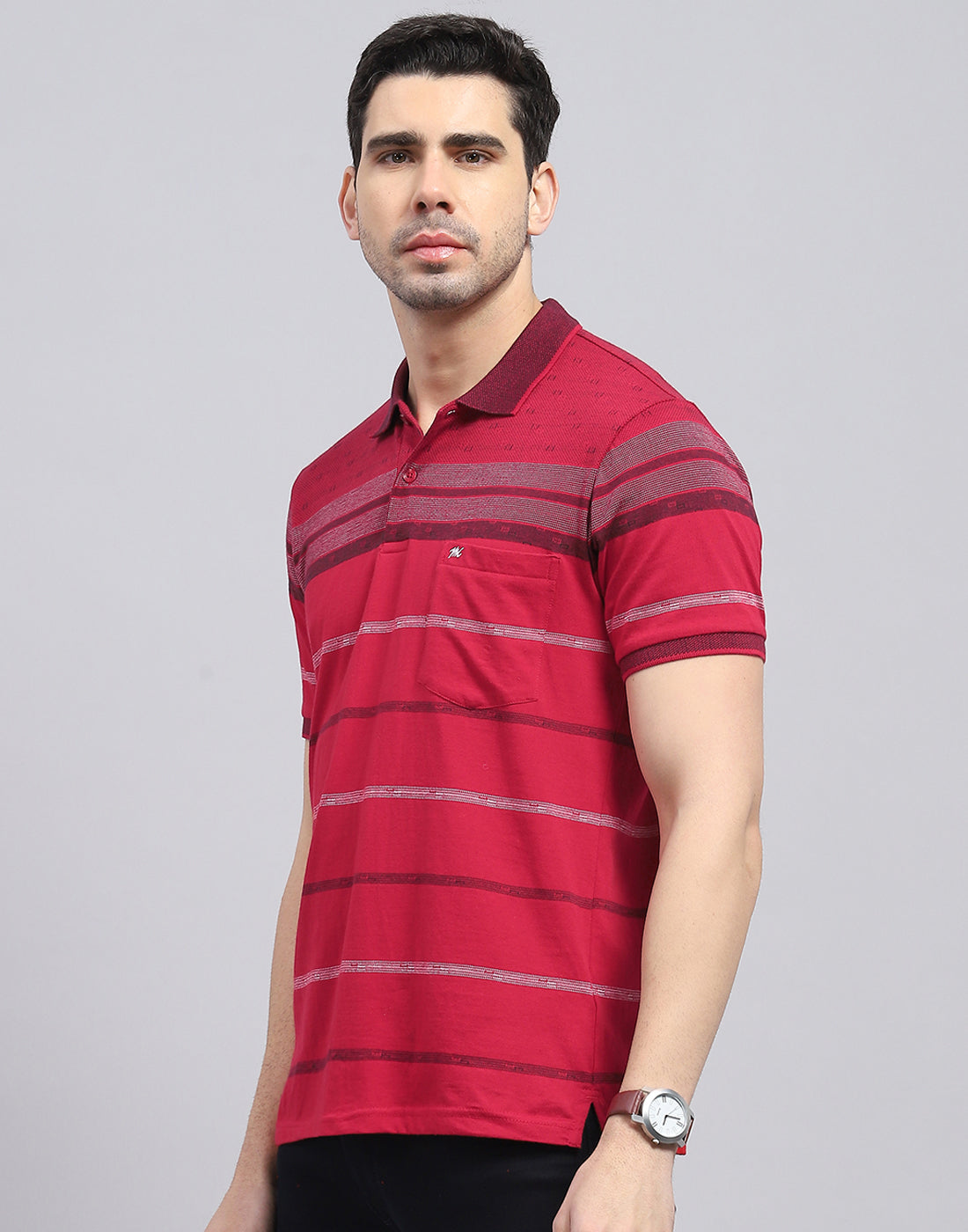 Men Red Stripe Polo Collar Half Sleeve T-Shirt