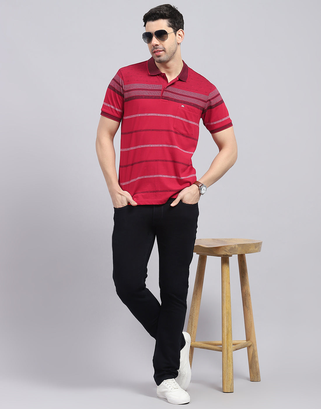Men Red Stripe Polo Collar Half Sleeve T-Shirt