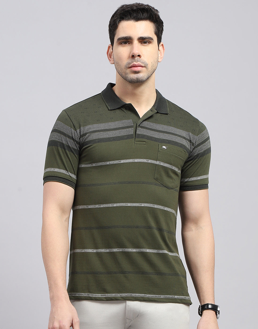 Men Olive Stripe Polo Collar Half Sleeve T-Shirt