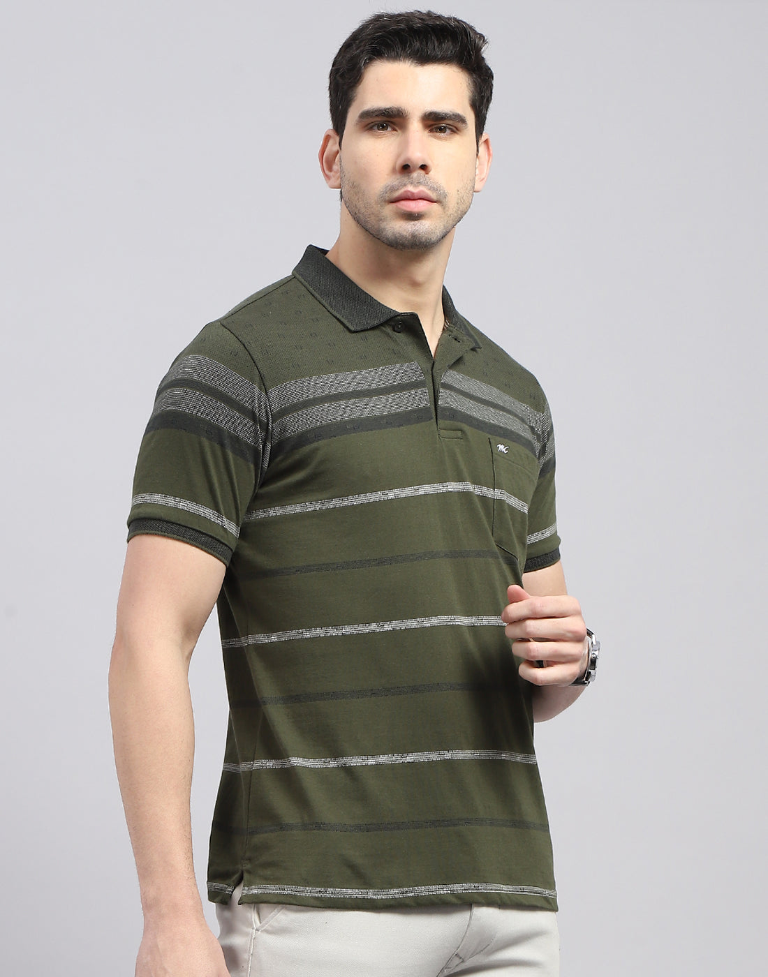 Men Olive Stripe Polo Collar Half Sleeve T-Shirt