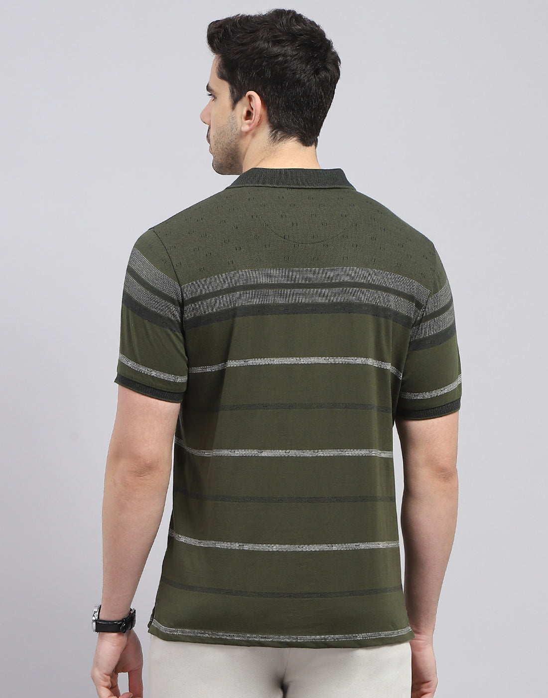 Men Olive Stripe Polo Collar Half Sleeve T-Shirt