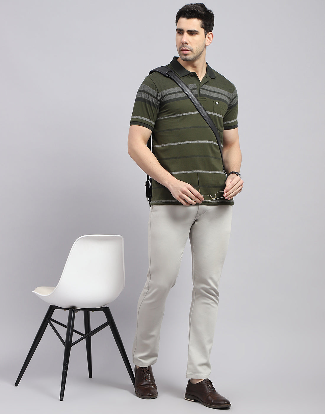 Men Olive Stripe Polo Collar Half Sleeve T-Shirt