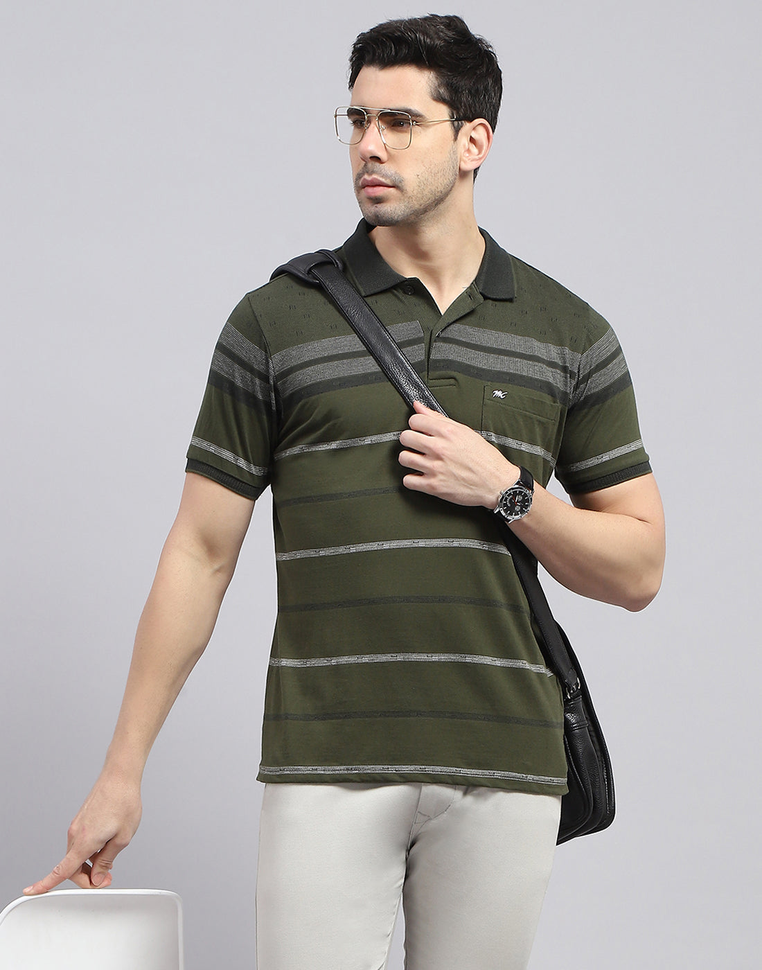 Men Olive Stripe Polo Collar Half Sleeve T-Shirt