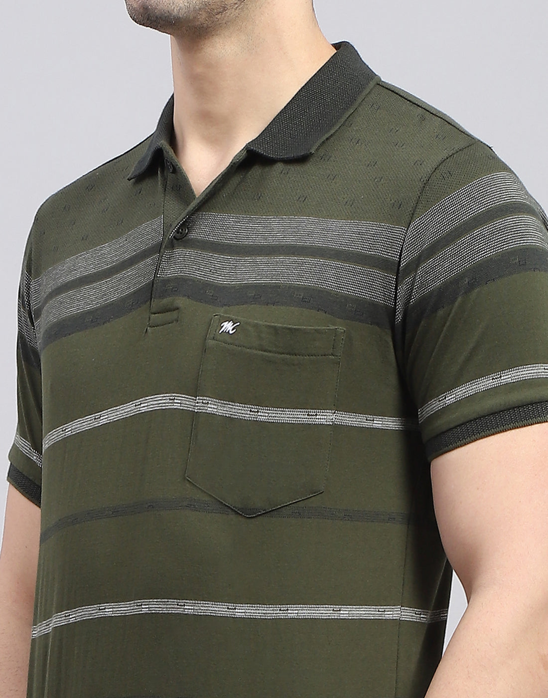 Men Olive Stripe Polo Collar Half Sleeve T-Shirt