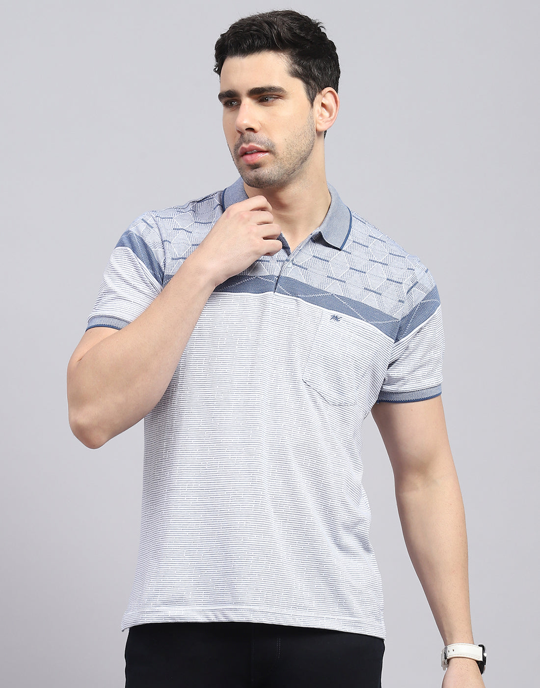 Men Blue Stripe Polo Collar Half Sleeve T-Shirt