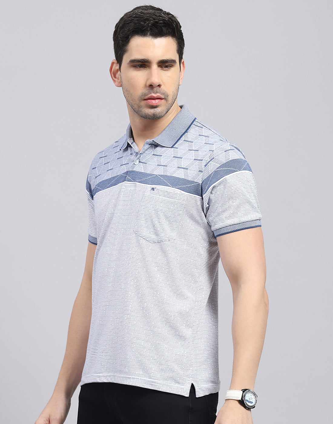 Men Blue Stripe Polo Collar Half Sleeve T-Shirt