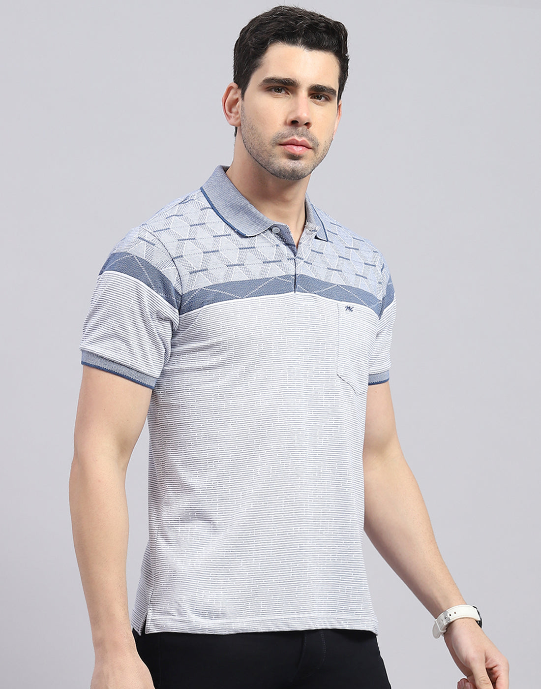 Men Blue Stripe Polo Collar Half Sleeve T-Shirt