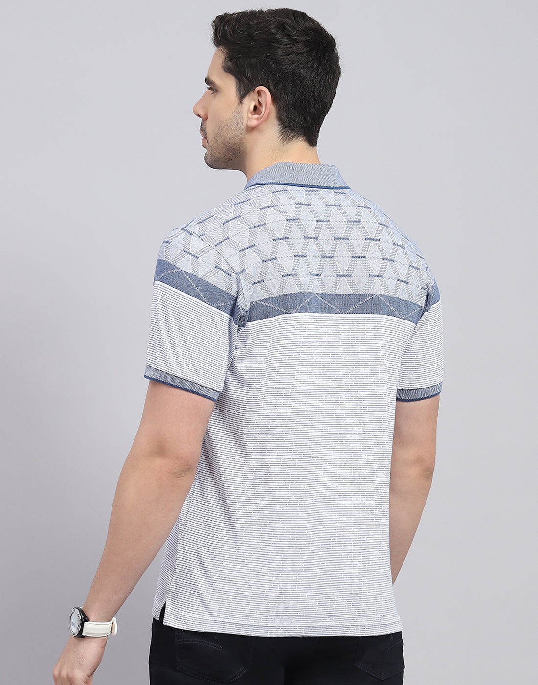 Men Blue Stripe Polo Collar Half Sleeve T-Shirt