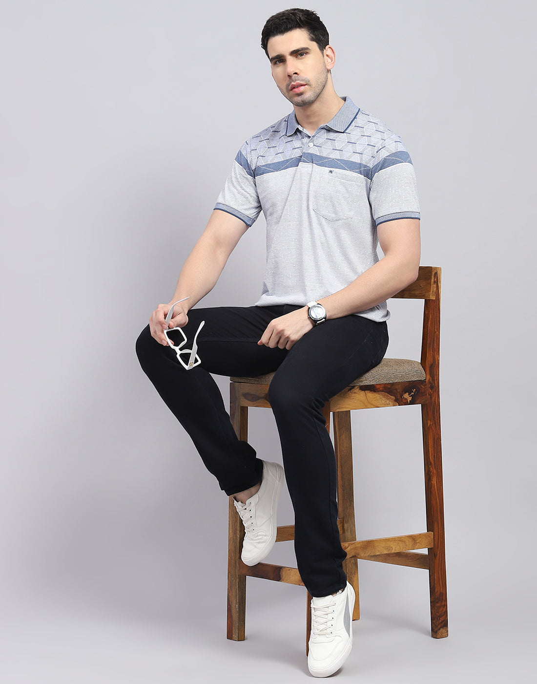 Men Blue Stripe Polo Collar Half Sleeve T-Shirt