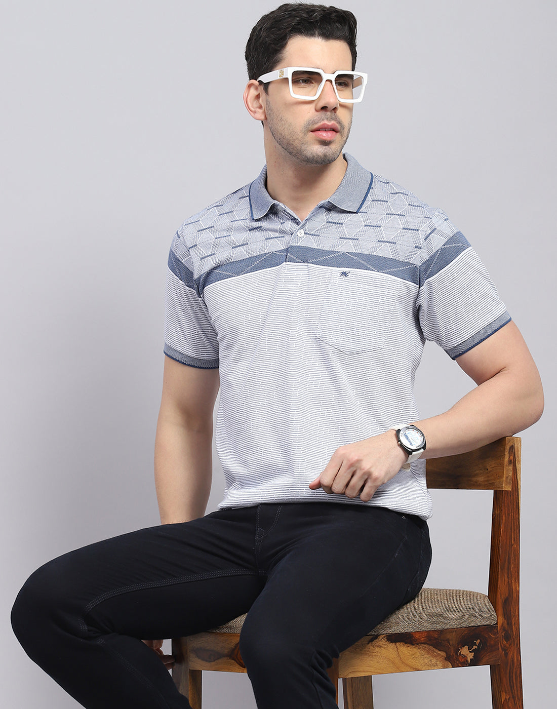 Men Blue Stripe Polo Collar Half Sleeve T-Shirt