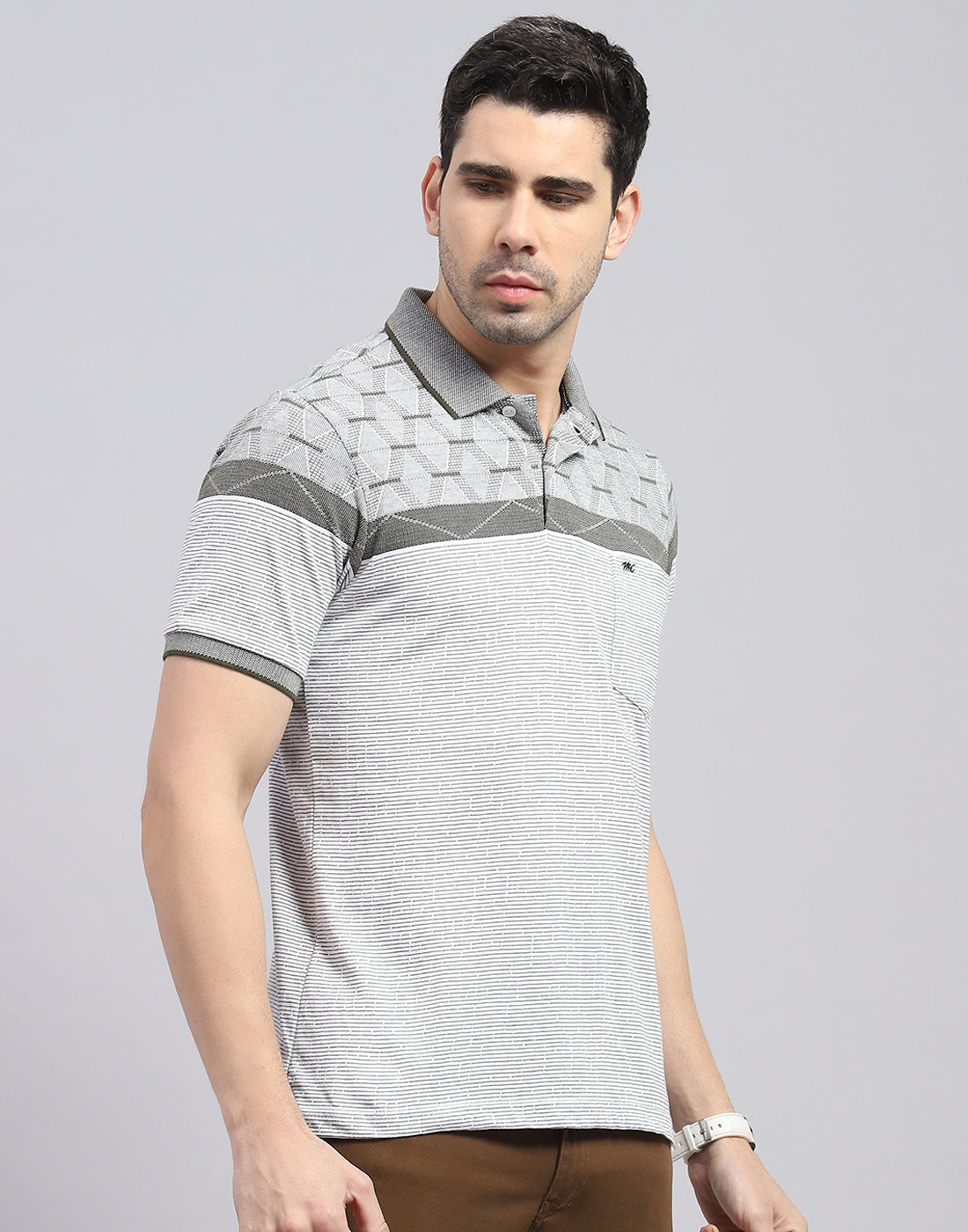 Men Olive Stripe Polo Collar Half Sleeve T-Shirt