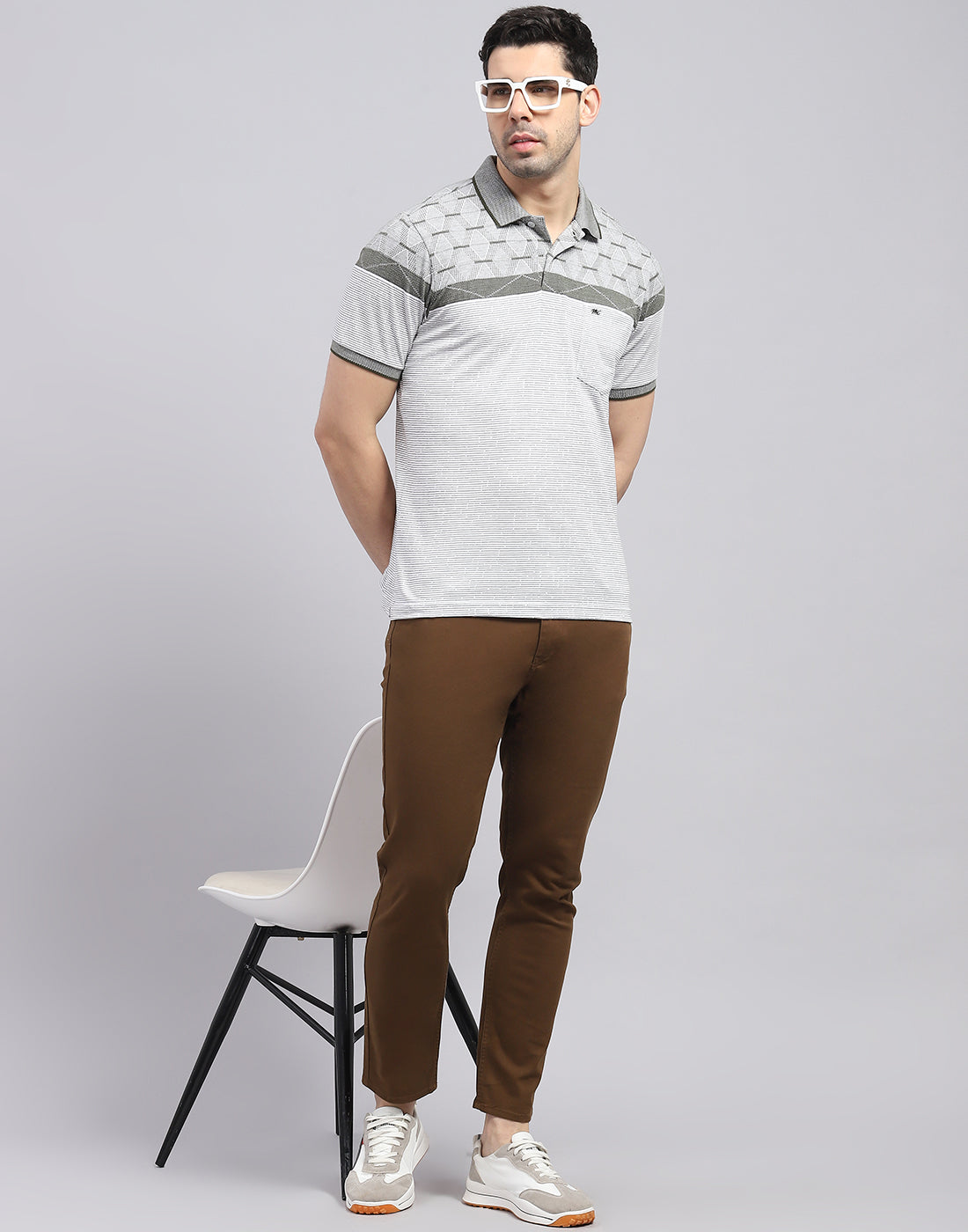 Men Olive Stripe Polo Collar Half Sleeve T-Shirt