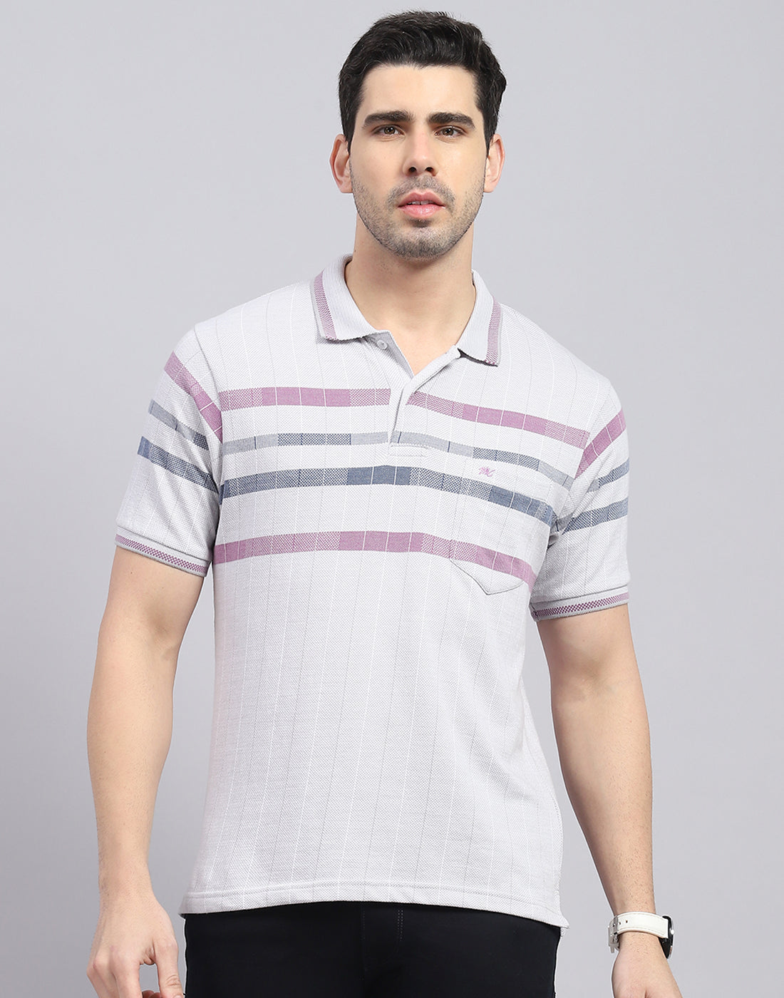 Men Grey Stripe Polo Collar Half Sleeve T-Shirt