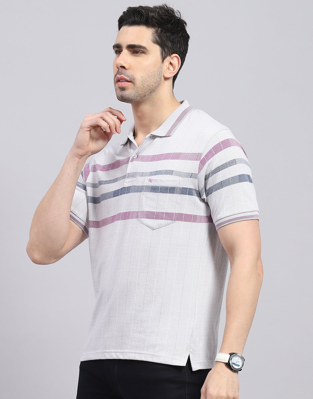 Men Grey Stripe Polo Collar Half Sleeve T-Shirt