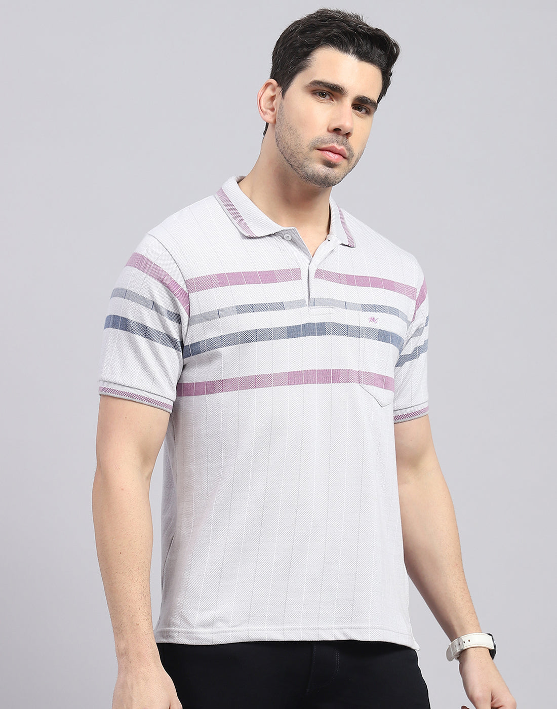 Men Grey Stripe Polo Collar Half Sleeve T-Shirt