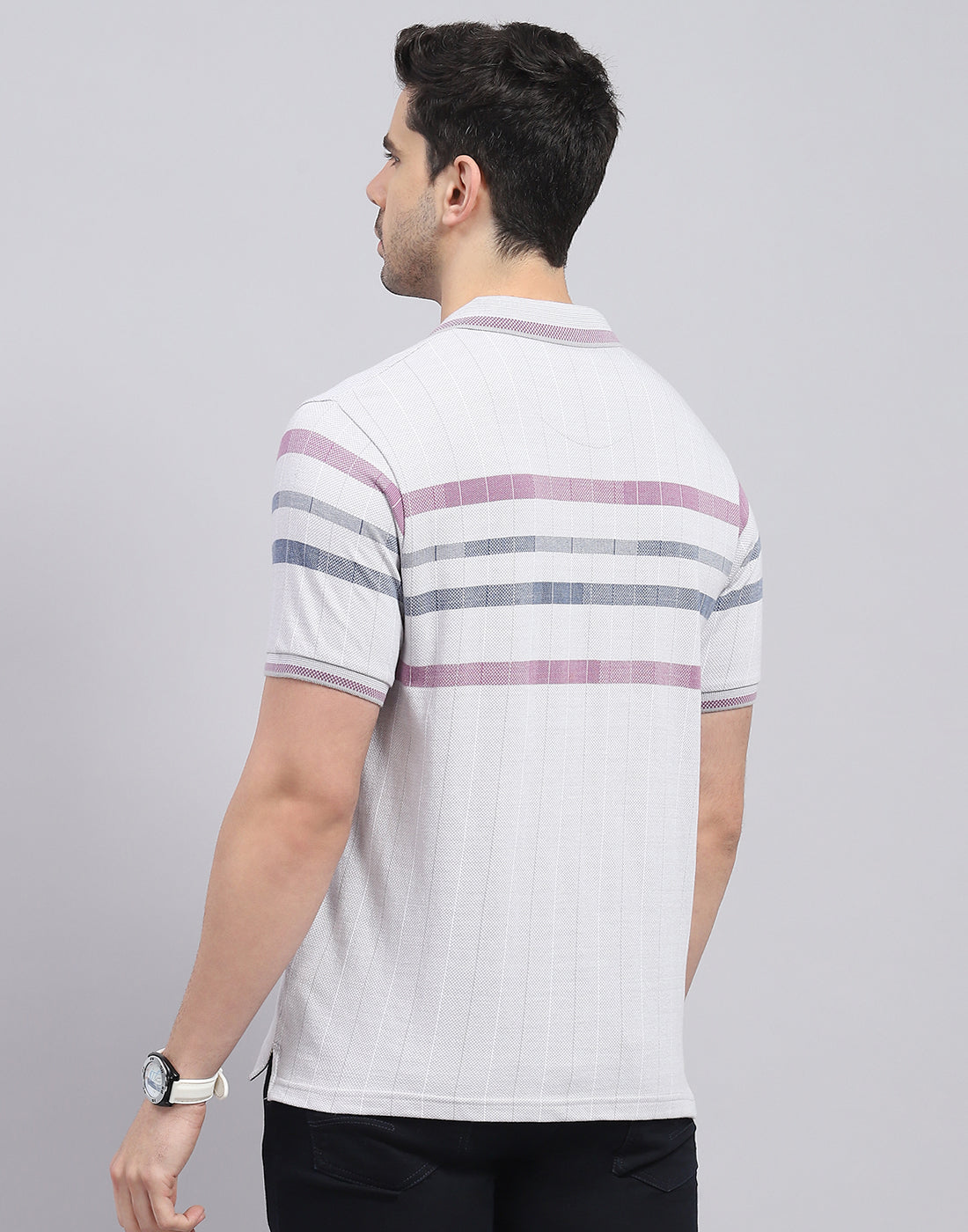 Men Grey Stripe Polo Collar Half Sleeve T-Shirt