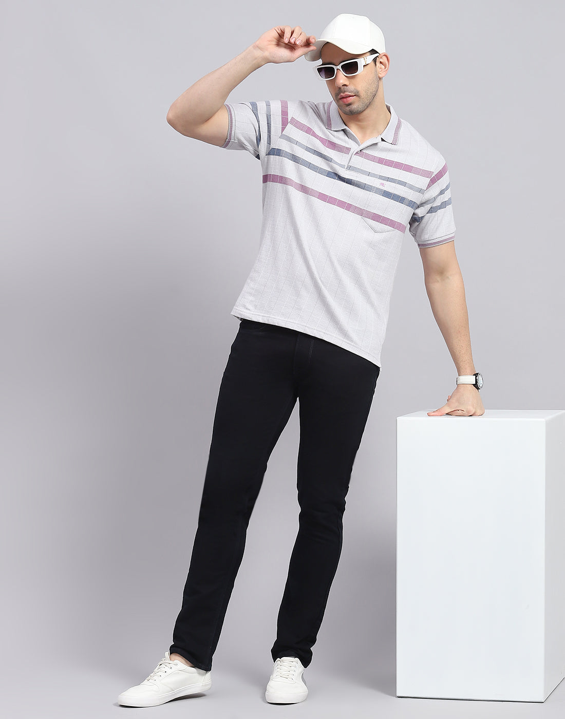 Men Grey Stripe Polo Collar Half Sleeve T-Shirt