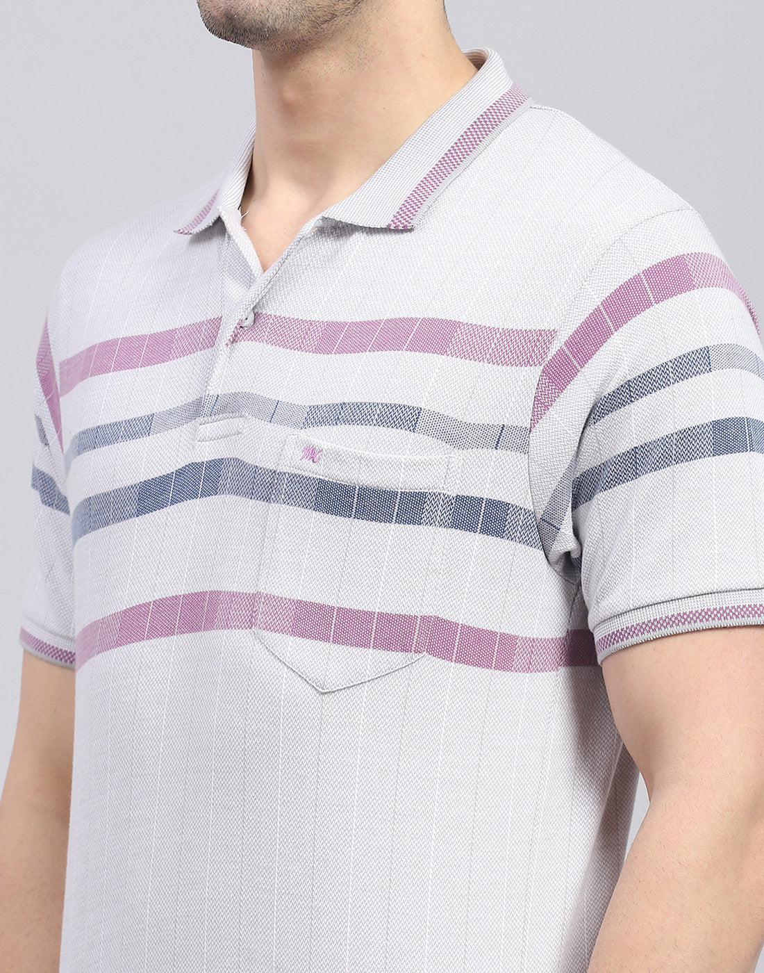Men Grey Stripe Polo Collar Half Sleeve T-Shirt
